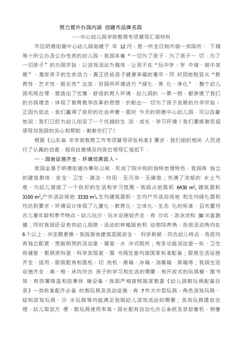 中心幼儿园学前教育专项督导汇报材料