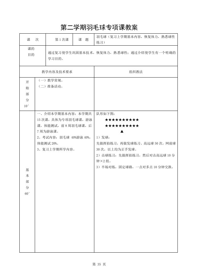 第二学期羽毛球专项课教案