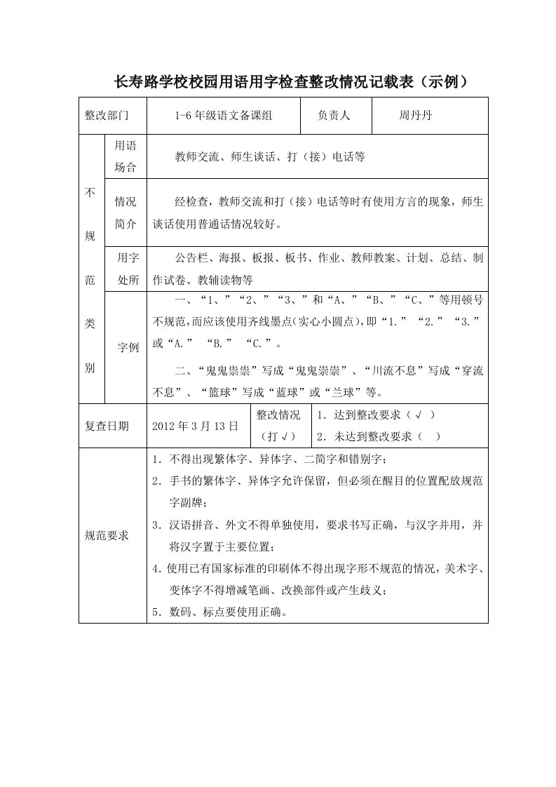 校园用语用字检查整改情况记载表