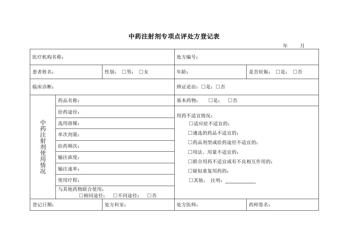 中药注射剂专项点评处方登记表