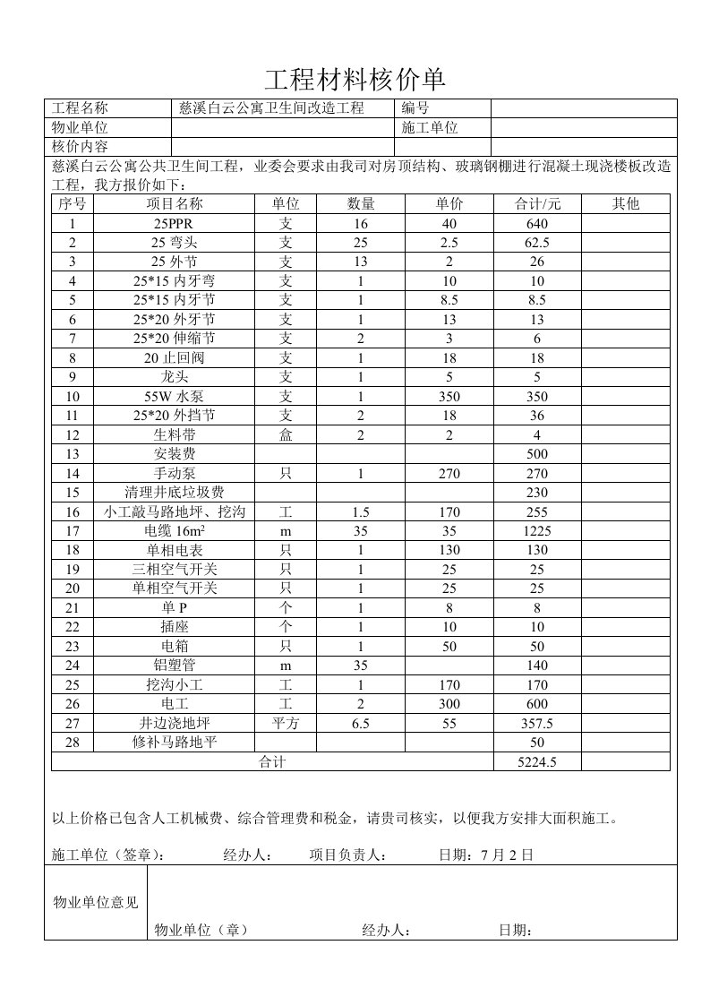 工程材料核价单