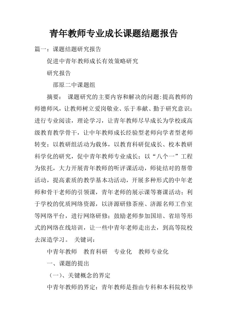 青年教师专业成长课题结题报告