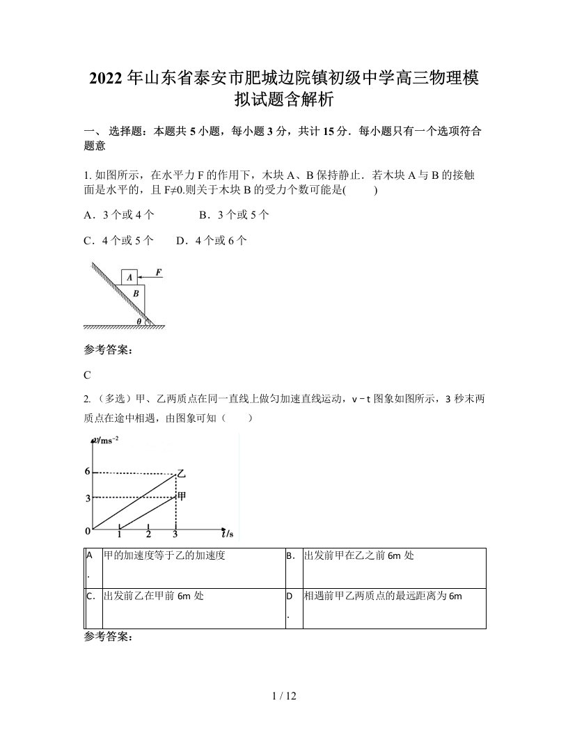 2022年山东省泰安市肥城边院镇初级中学高三物理模拟试题含解析