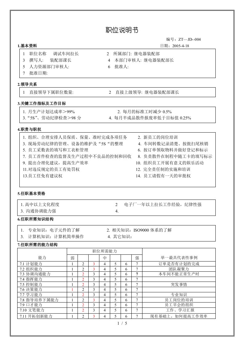 继电器装配课所有职位说明书