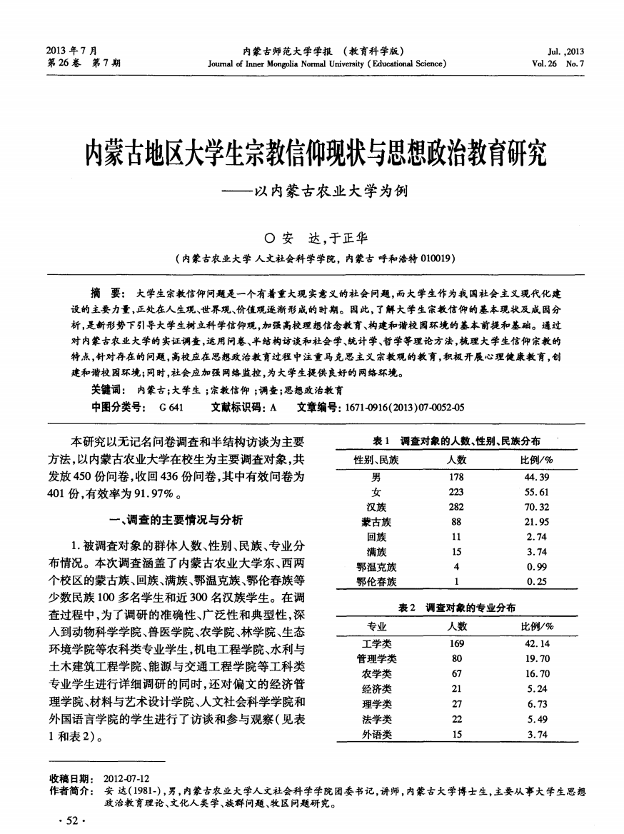 内蒙古地区大学生宗教信仰现状与思想政治教育研究——以内蒙古农业大学为例