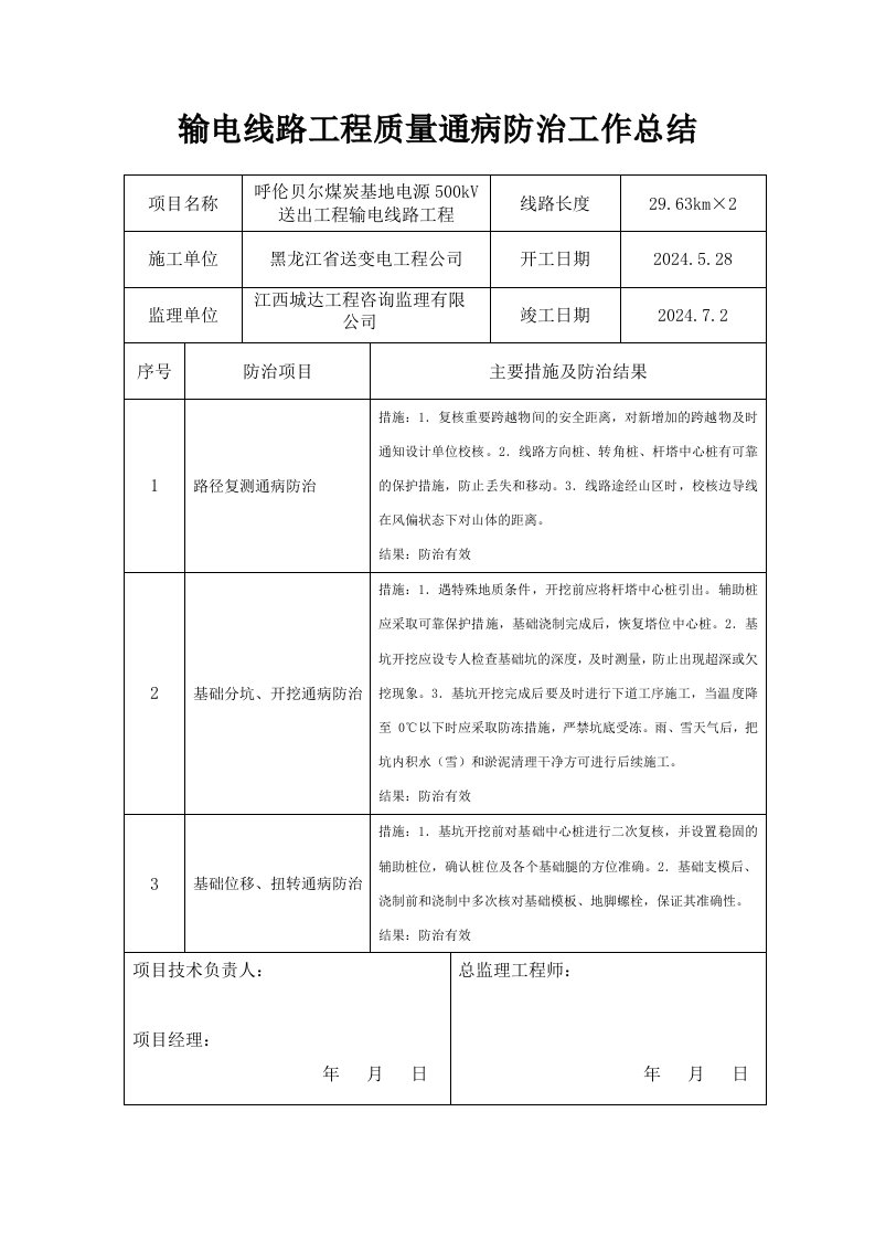 输电线路工程质量通病防治工作总结