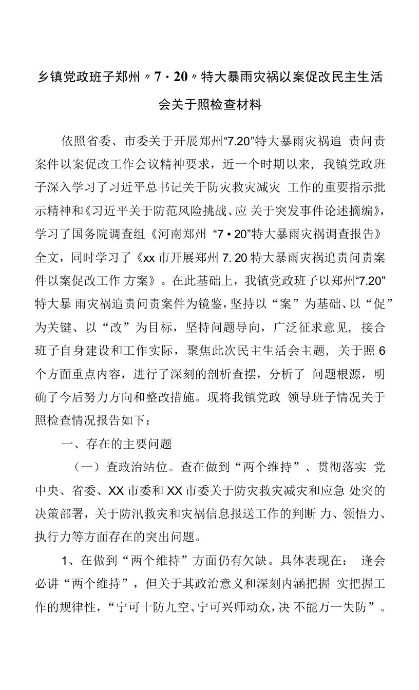 乡镇班子郑州“7·20”特大暴雨灾害以案促改民主生活会对照检查材料