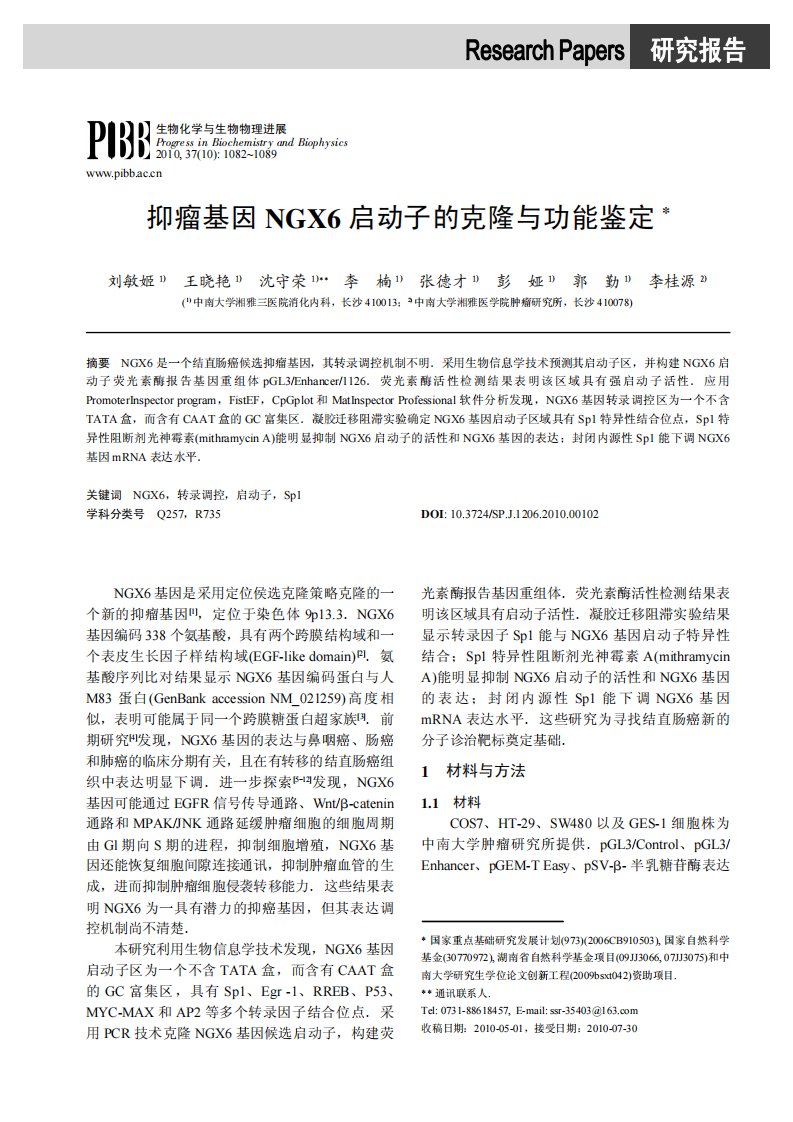 抑瘤基因ngx6启动子的克隆与功能鉴定