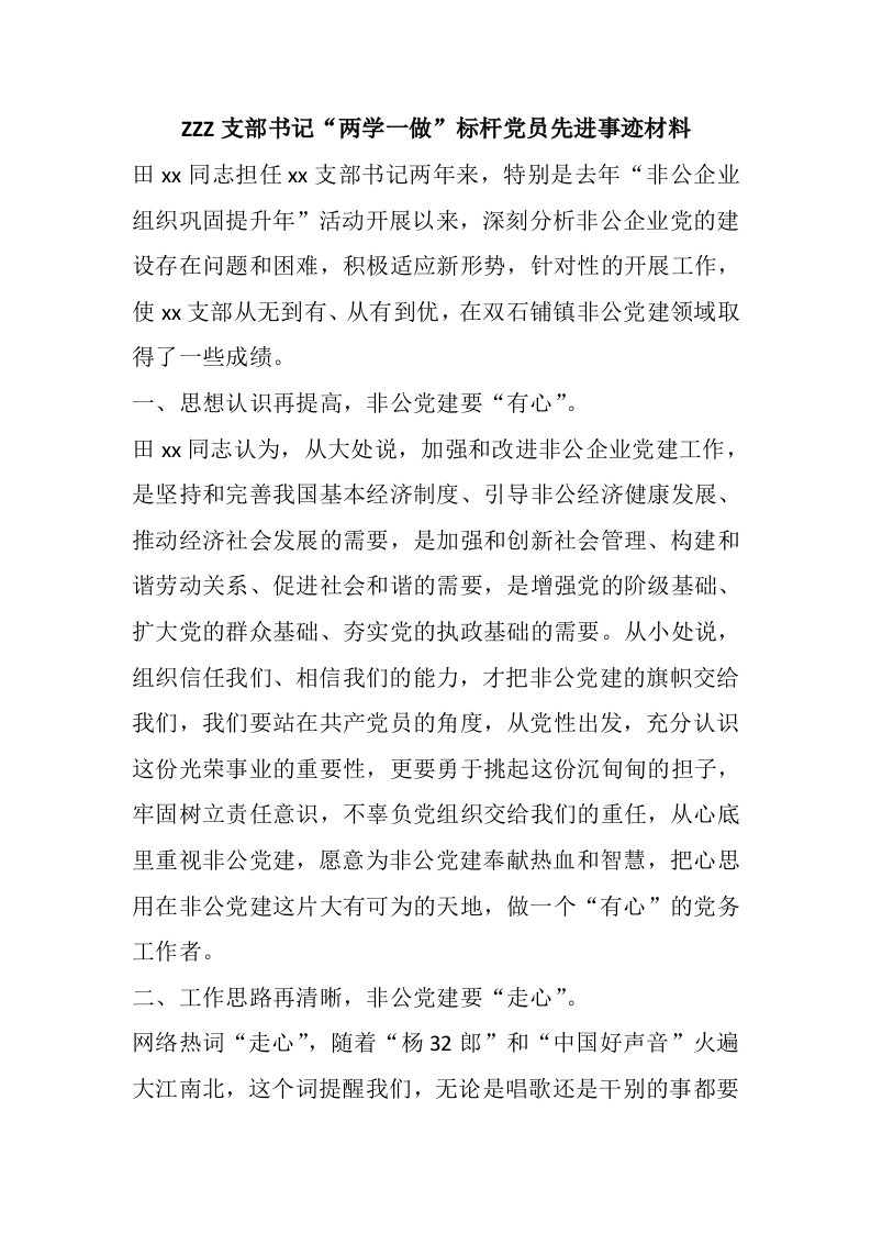 zzz支部书记“两学一做”标杆党员先进事迹材料