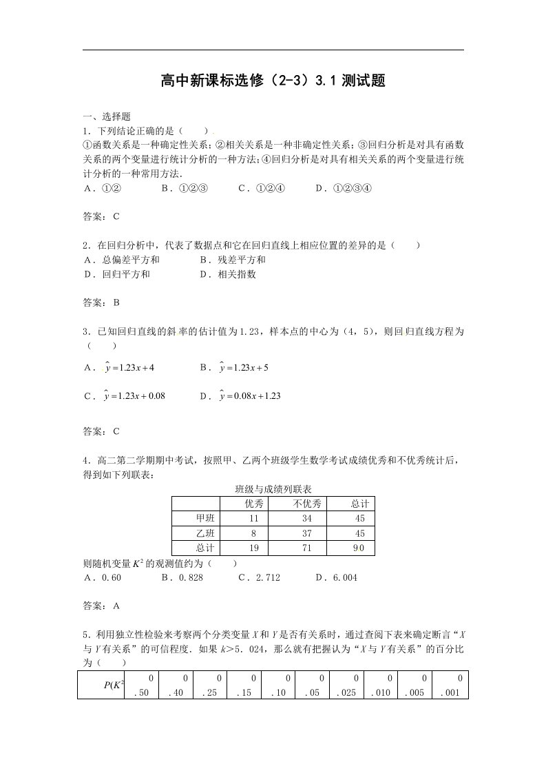 新人教A版高中数学（选修2-3）3.1《回归分析的基本思想及其初步应用》同步测试题