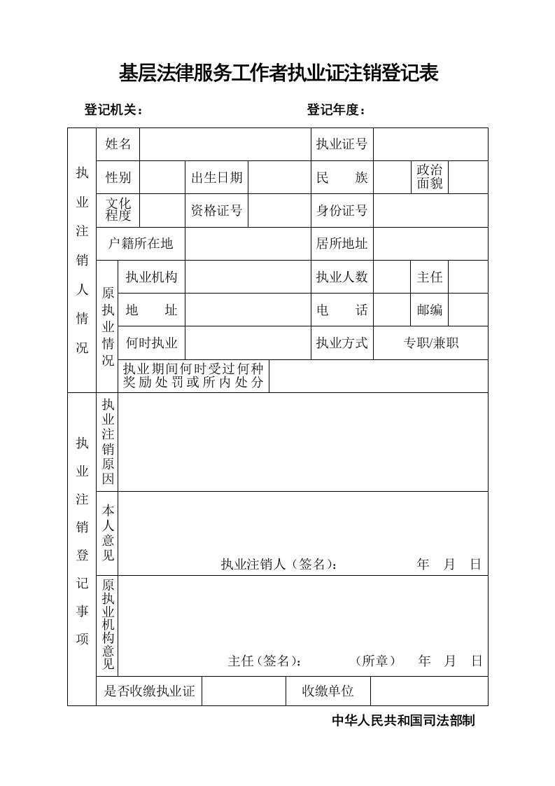 基层法律服务工作者执业证注销登记表