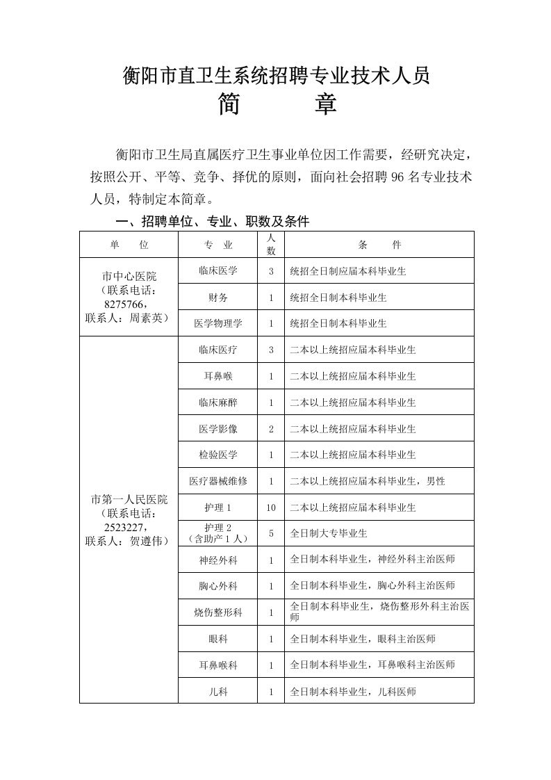 衡阳市直卫生系统招聘专业技术人员简章衡阳市卫生局直属医