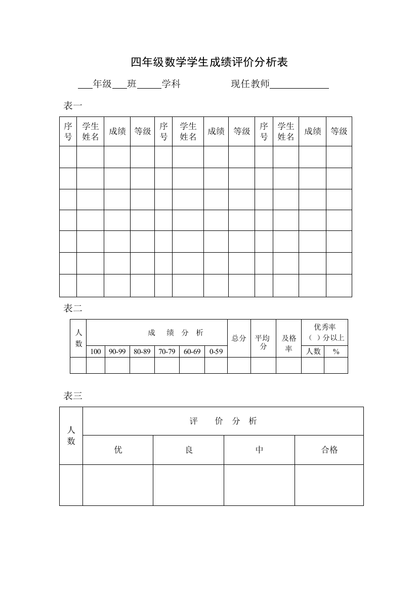 四年级数学学生成绩分析表