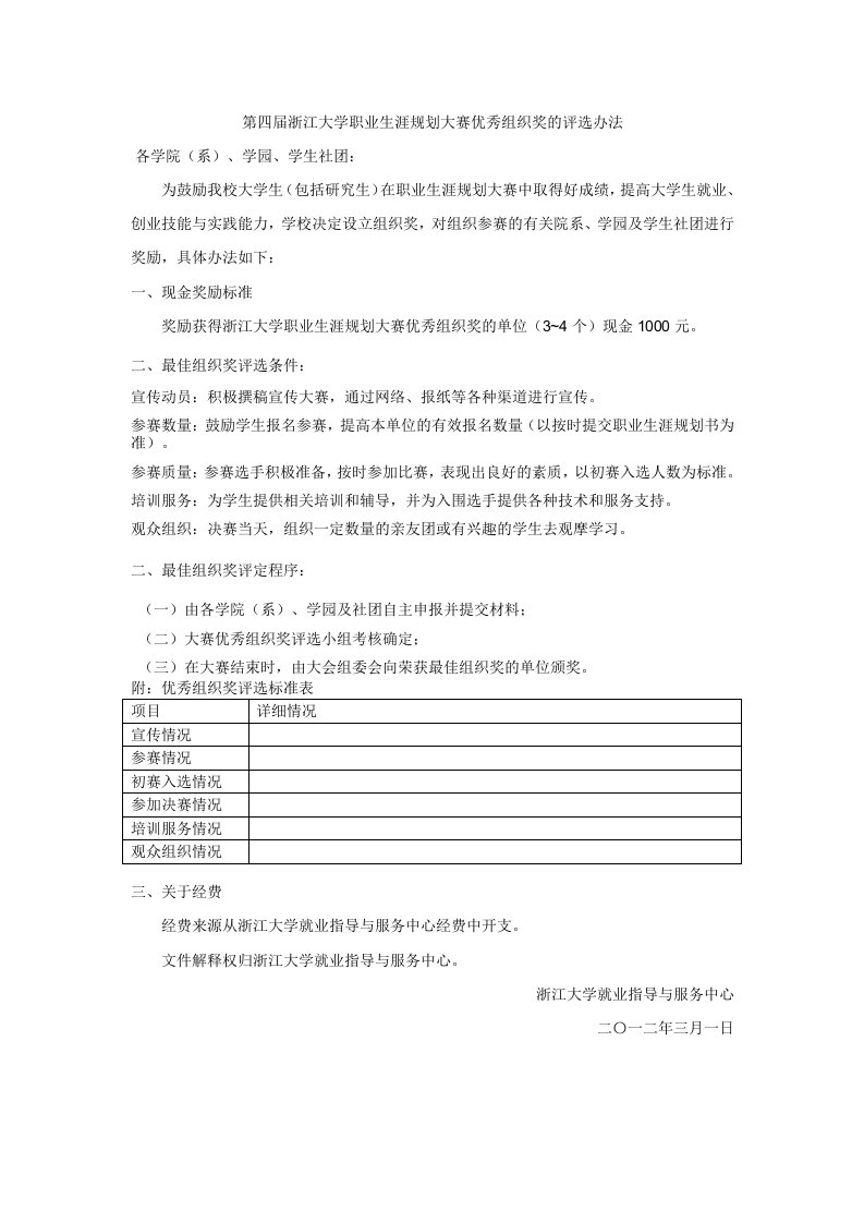 第四届浙江大学职业生涯规划大赛优秀组织奖的评选办法