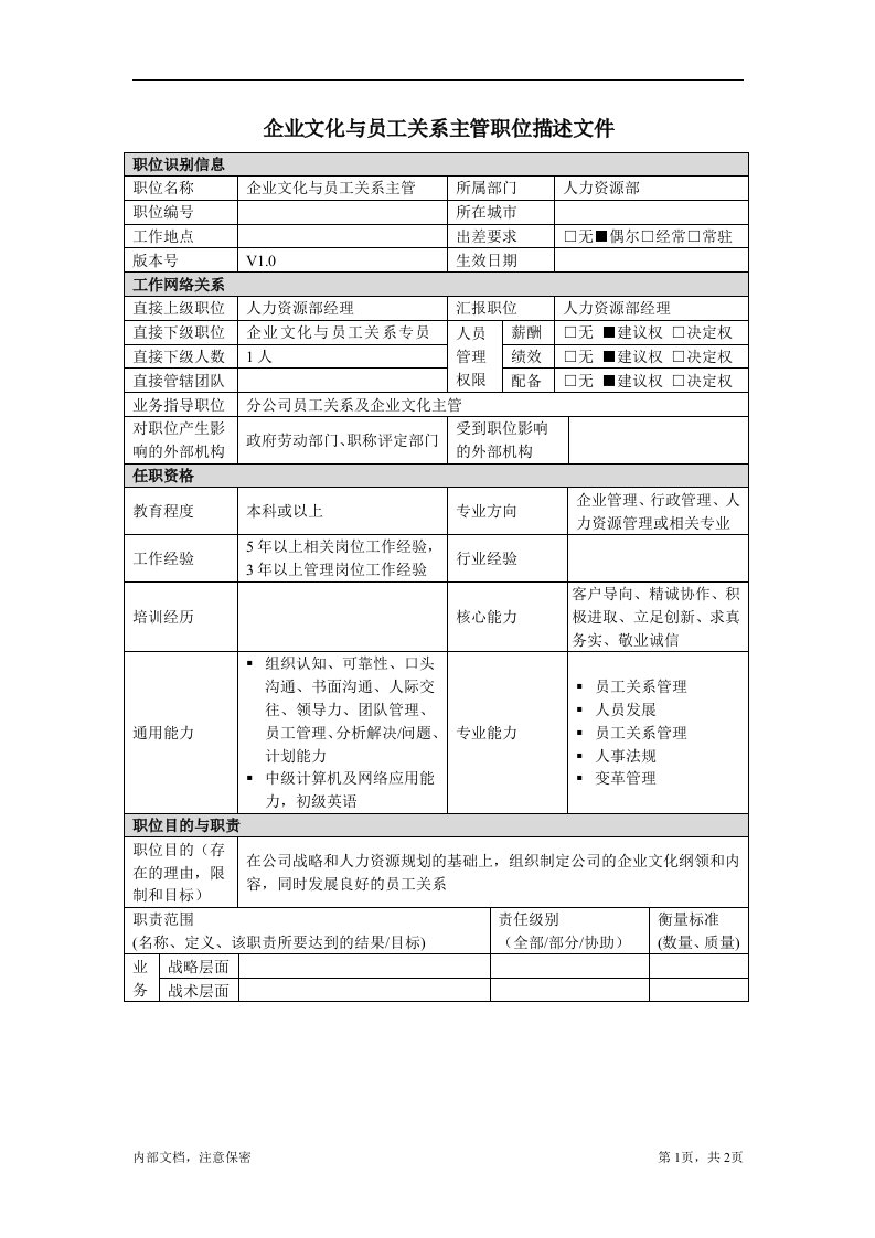 企业文化与员工关系主管岗位说明书