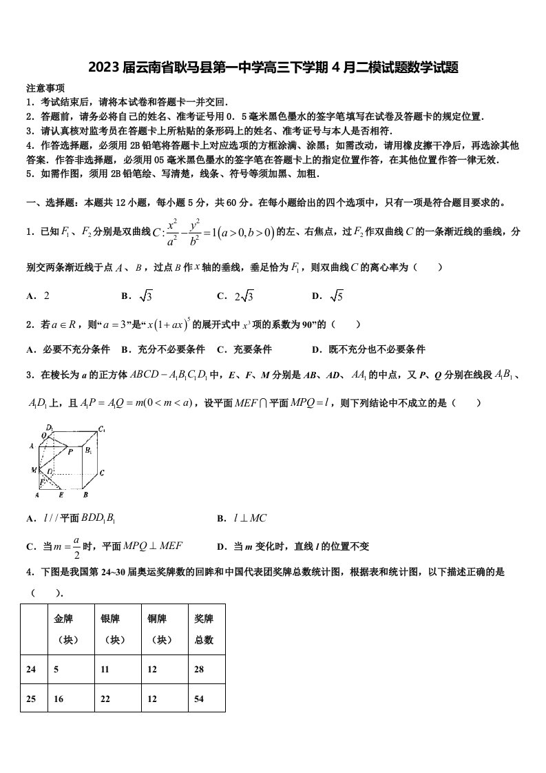 2023届云南省耿马县第一中学高三下学期4月二模试题数学试题含解析