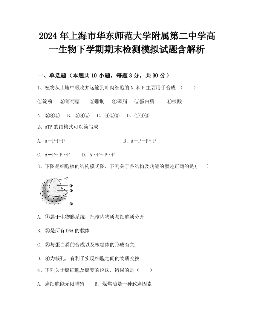 2024年上海市华东师范大学附属第二中学高一生物下学期期末检测模拟试题含解析