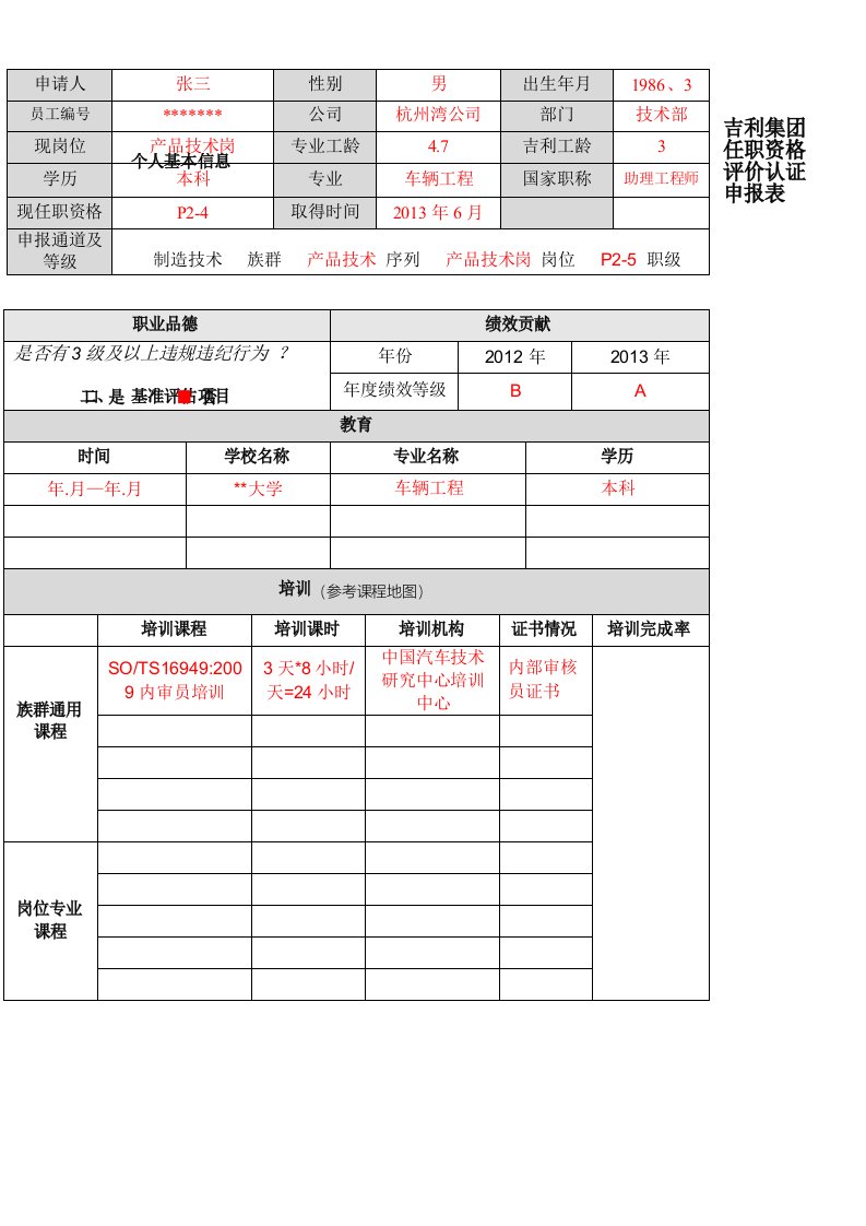 任职资格评价认证申报表