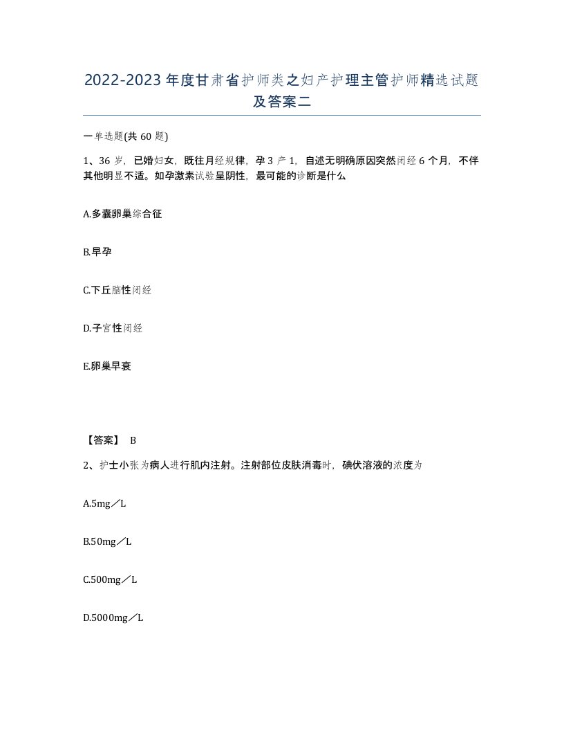 2022-2023年度甘肃省护师类之妇产护理主管护师试题及答案二