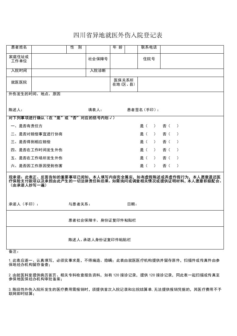 四川省异地就医外伤入院登记表