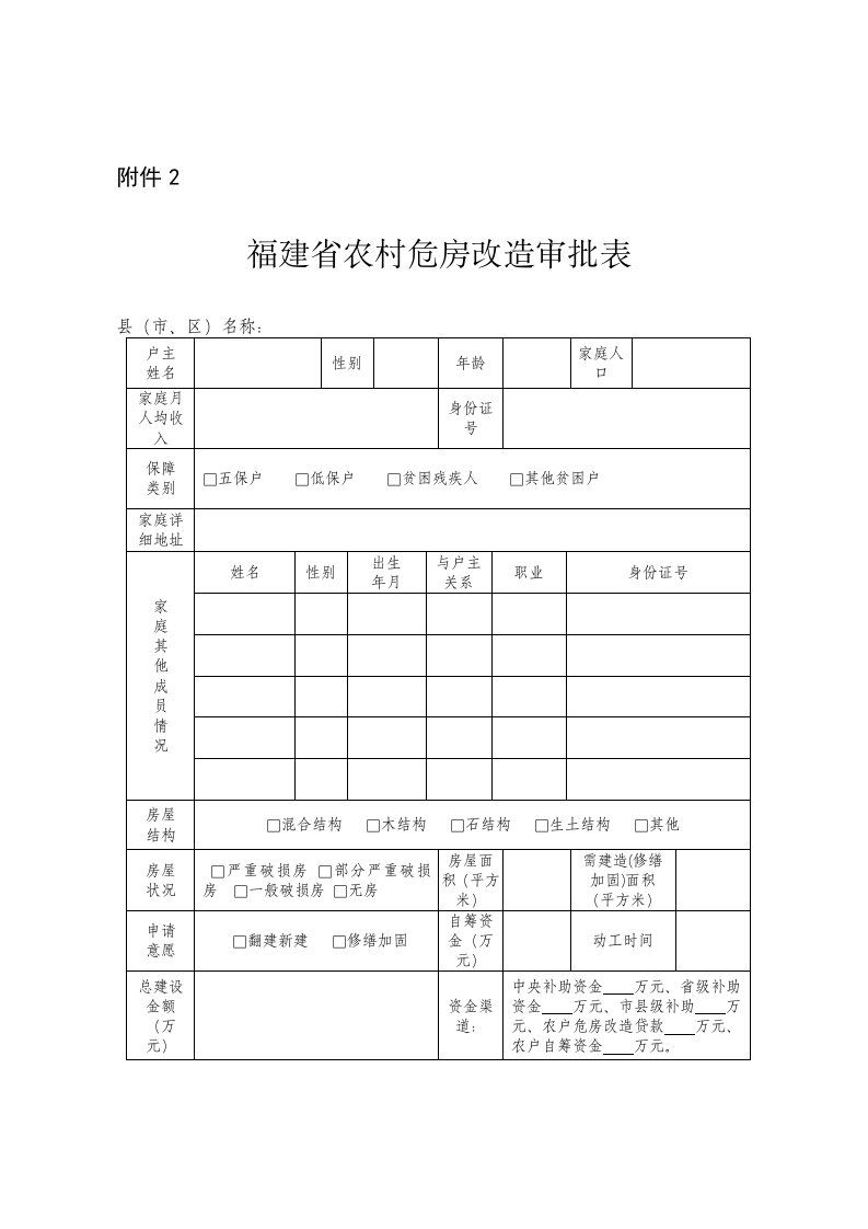 福建省农村危房改造审批表