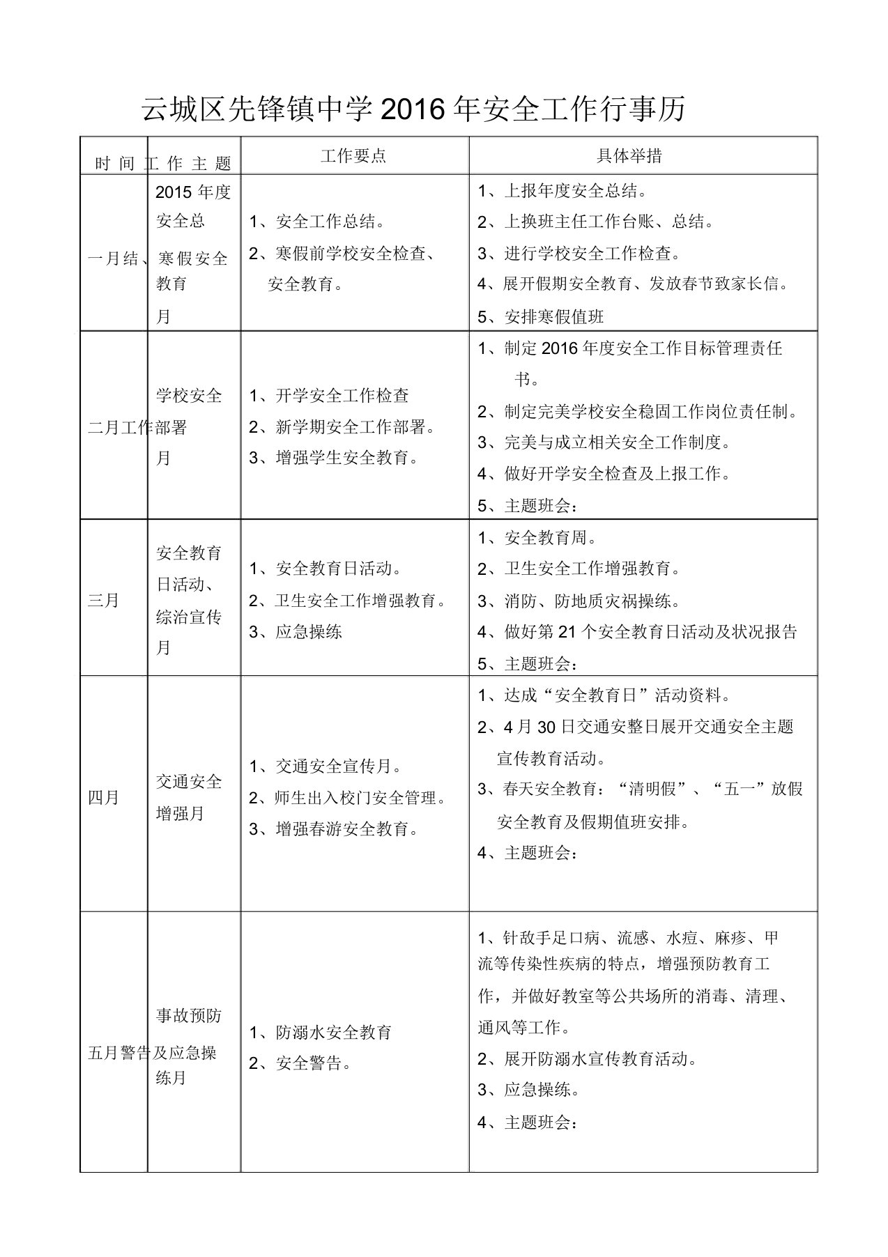 年学校安全工作行事历