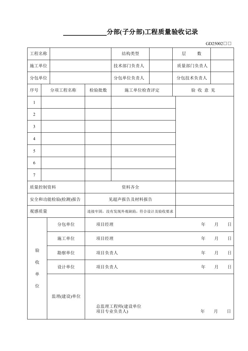 建筑资料-分部子分部工程质量验收记录表