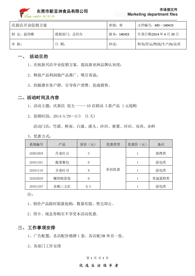 庆新店开张—10店联动-5款产品-1元抢购-促销活动方案(初稿)