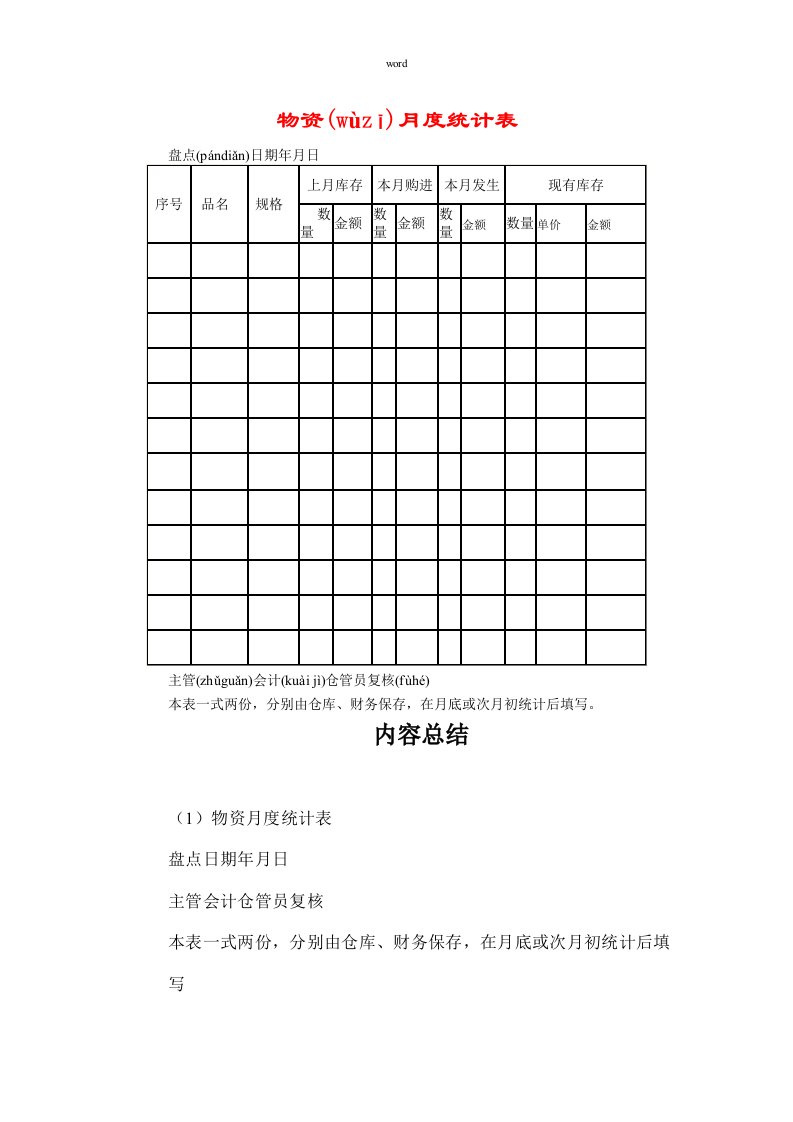 物资月度统计表