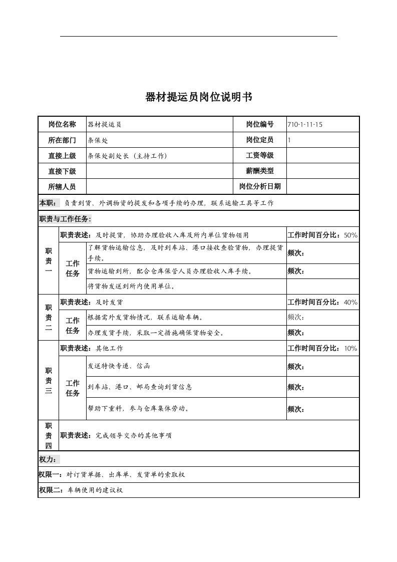 精选中船重工研究所条件保障处器材提运员岗位说明书