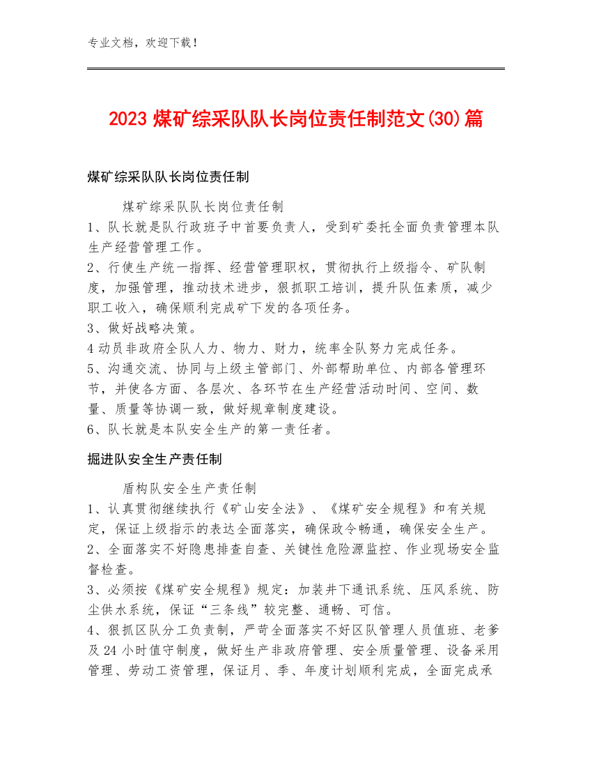 2023煤矿综采队队长岗位责任制范文(30)篇