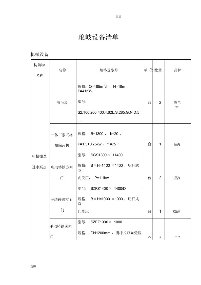 污水厂设备清单