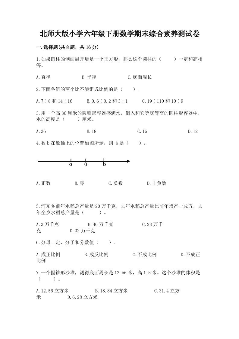 北师大版小学六年级下册数学期末综合素养测试卷word版