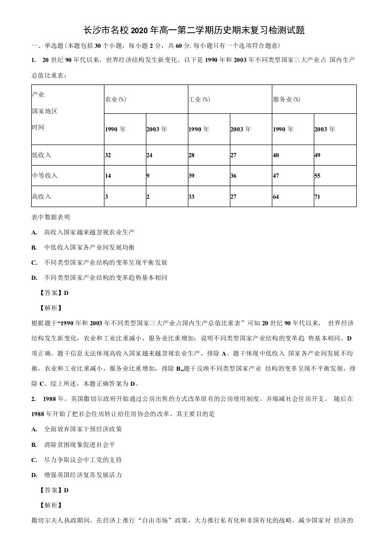 长沙市名校2020年高一第二学期历史期末复习检测试题含解析