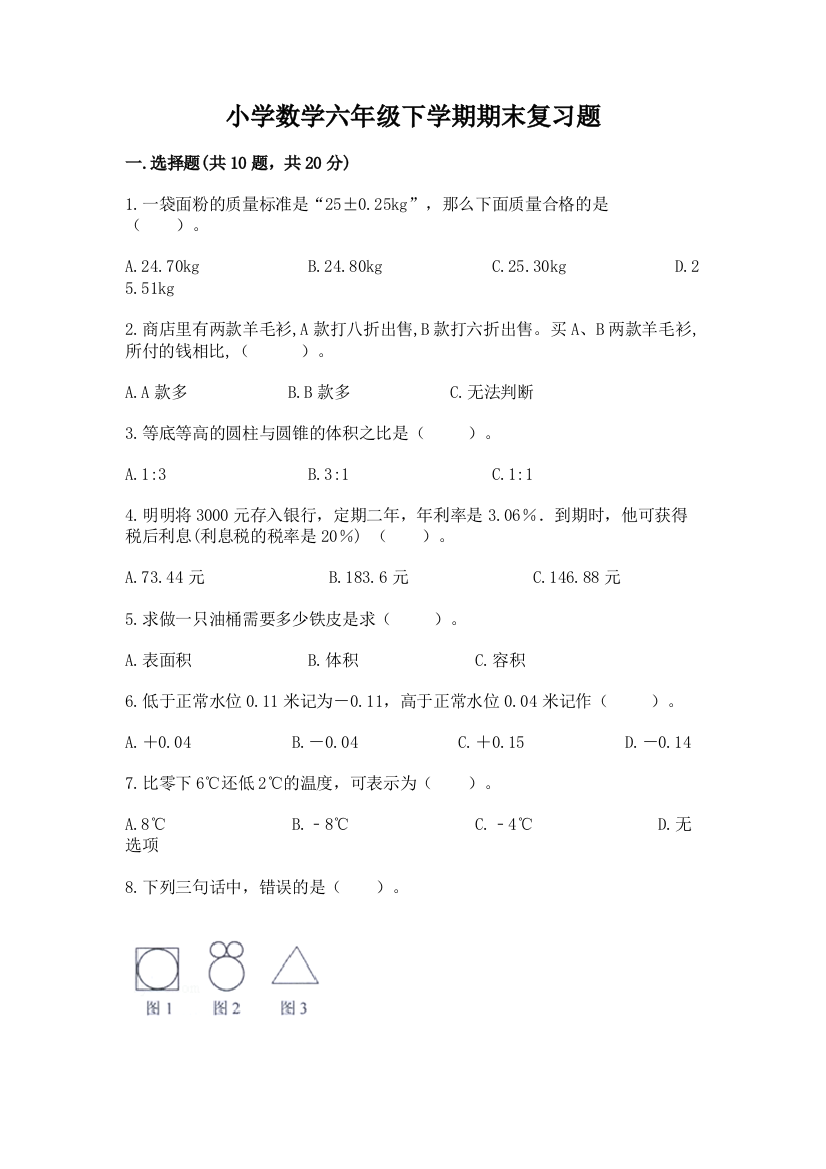 小学数学六年级下学期期末复习题精品(考点梳理)