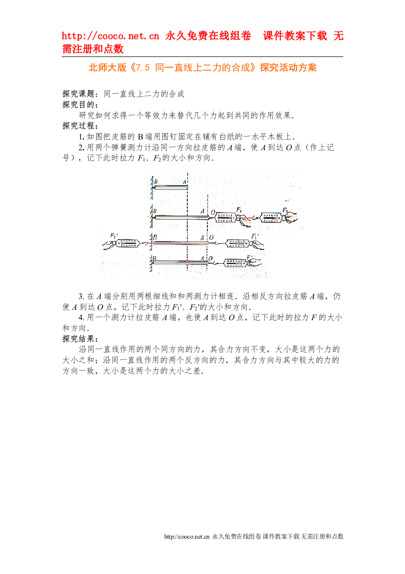 【精编】75《同一直线上二力的合成》探究活动方案（北师大版八年级下）doc初中物理