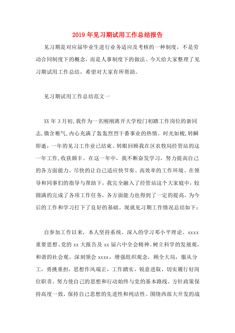 2019年见习期试用工作总结报告