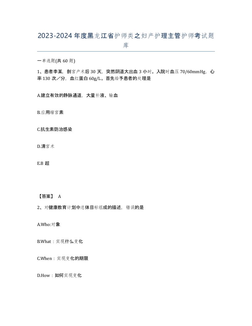 2023-2024年度黑龙江省护师类之妇产护理主管护师考试题库