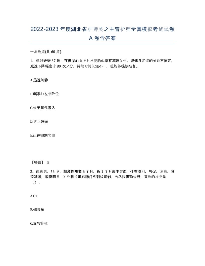 2022-2023年度湖北省护师类之主管护师全真模拟考试试卷A卷含答案