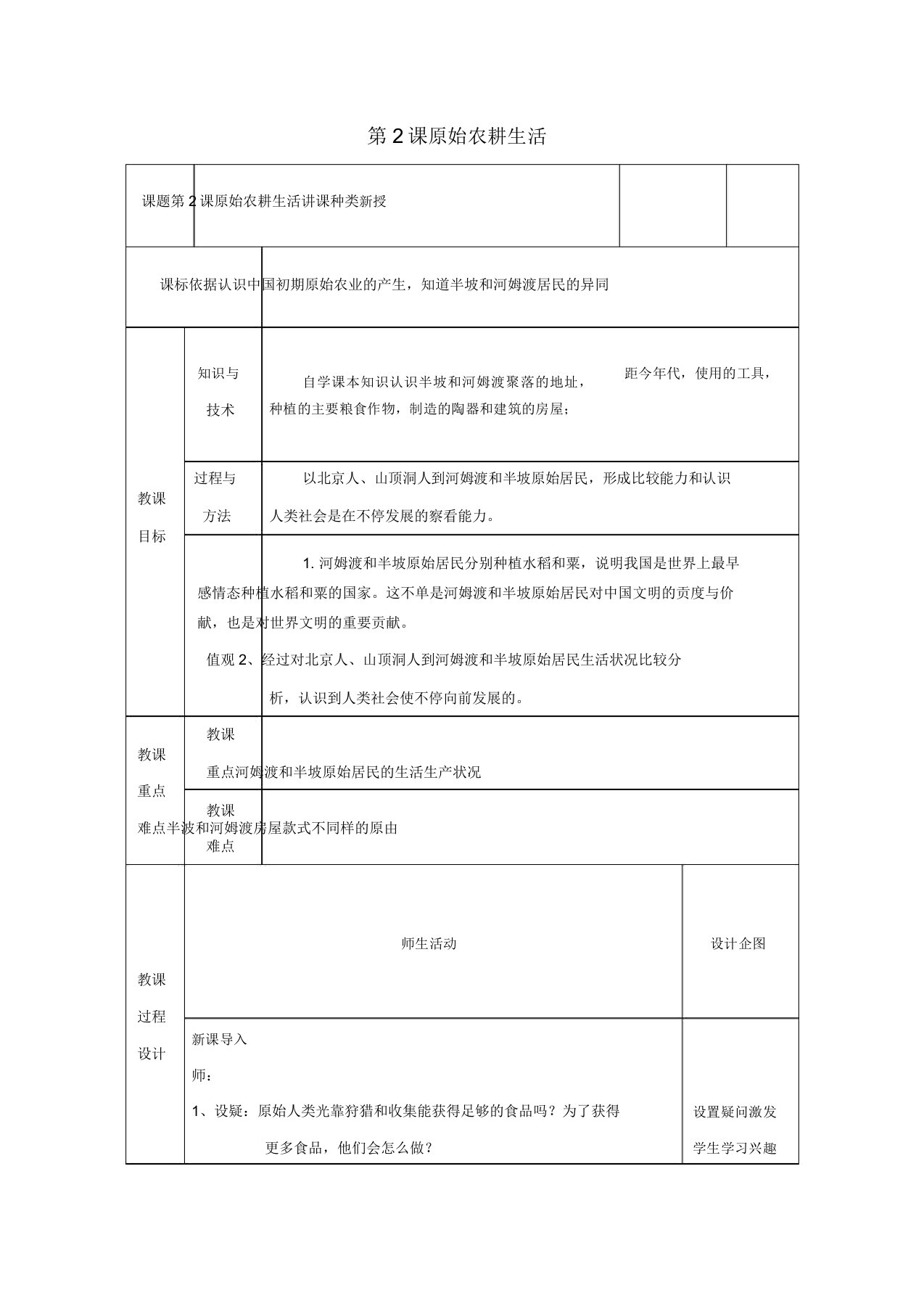 教育最新七年级历史上册第2课原始农耕生活教案1