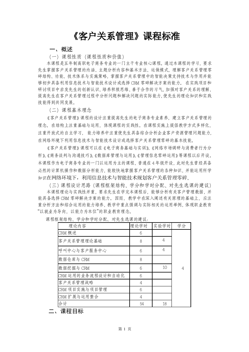 商贸学院《客户关系管理》课程标准