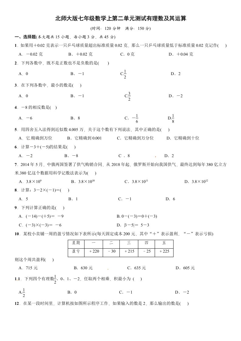 第二章有理数及其运算单元测试含答案