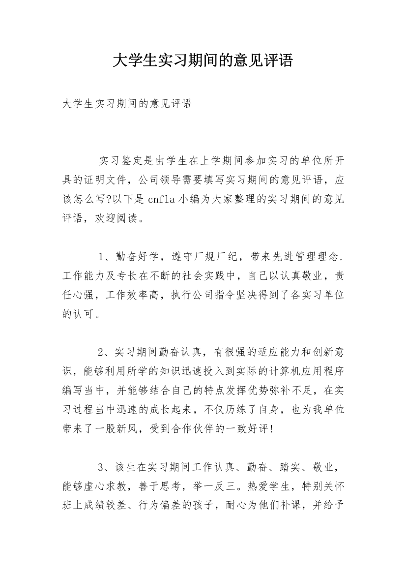 大学生实习期间的意见评语