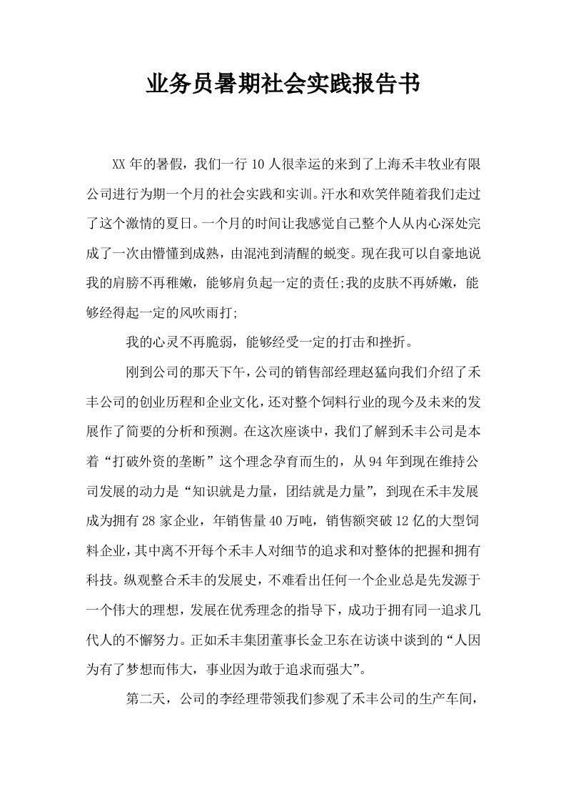 业务员暑期社会实践报告书