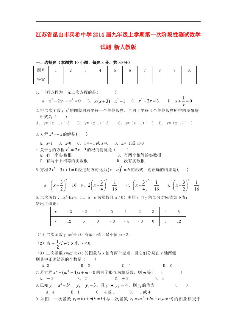 2014届九年级数学上学期第一次阶段性测试试题