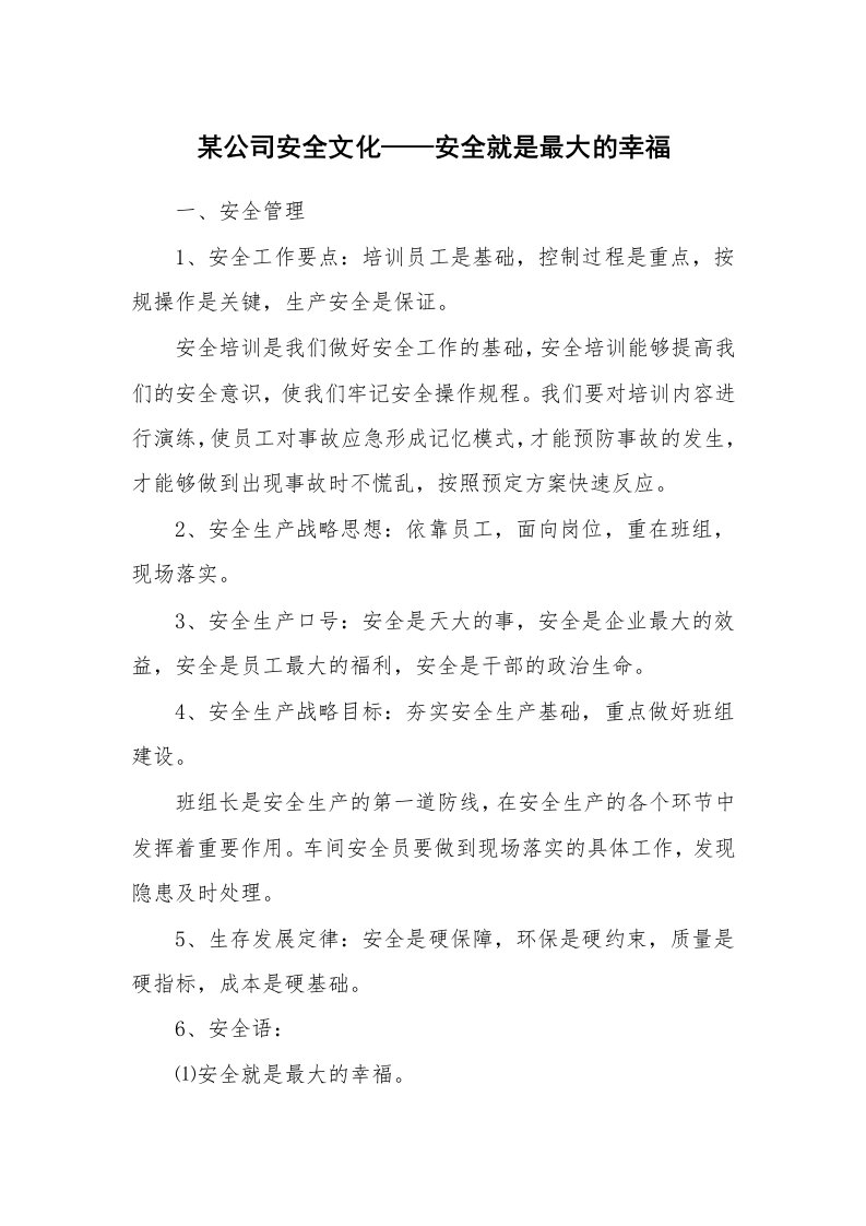 安全文化_实践经验_某公司安全文化——安全就是最大的幸福