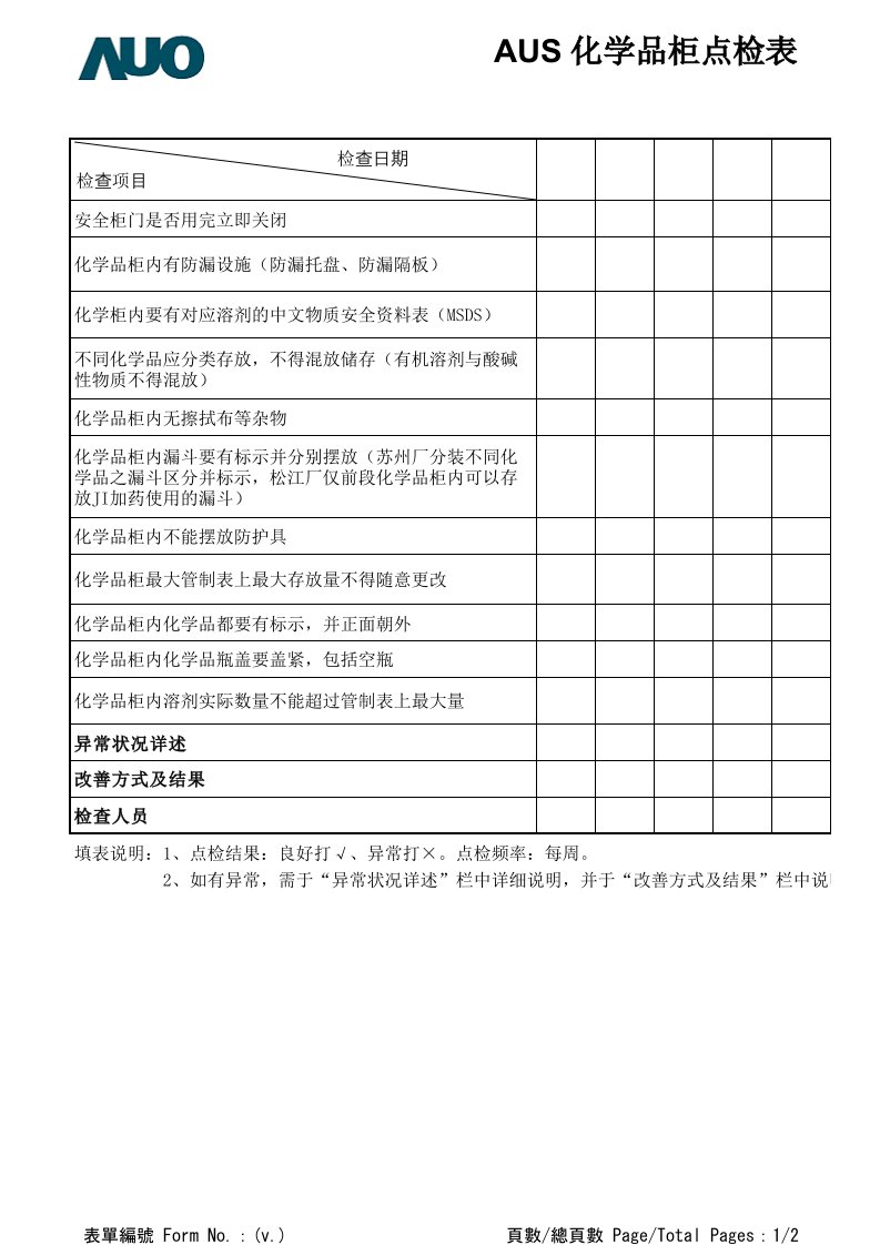 化学品柜点检表