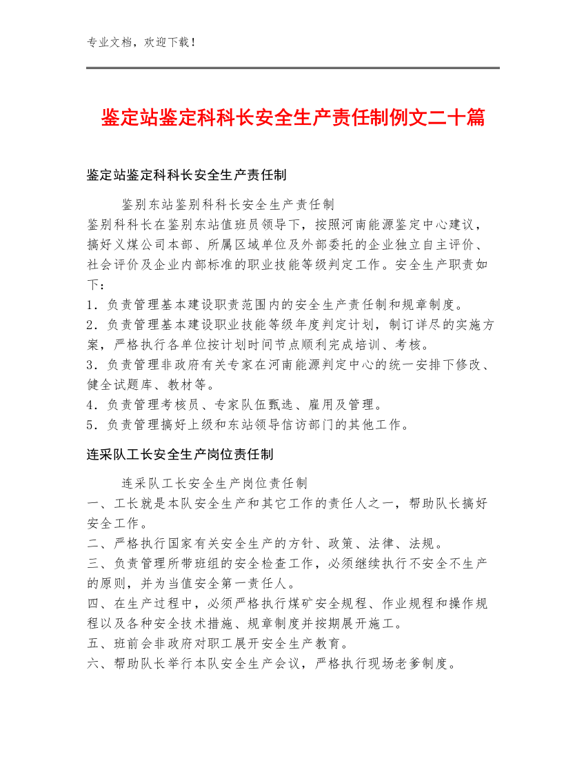 鉴定站鉴定科科长安全生产责任制例文二十篇