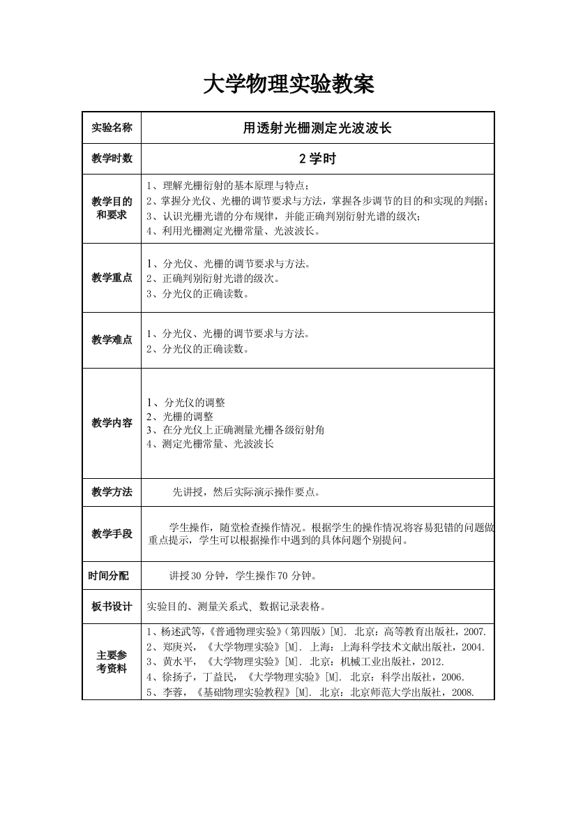 大学物理实验教案-用透射光栅测定光波波长