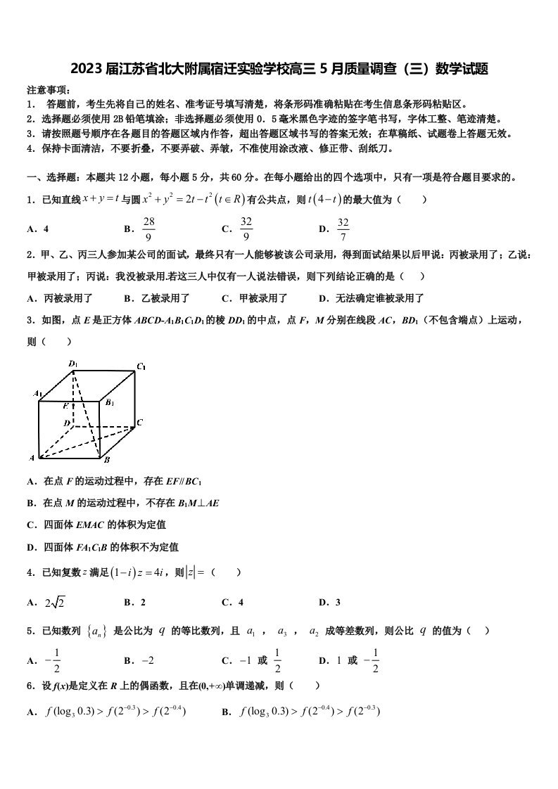 2023届江苏省北大附属宿迁实验学校高三5月质量调查（三）数学试题含解析